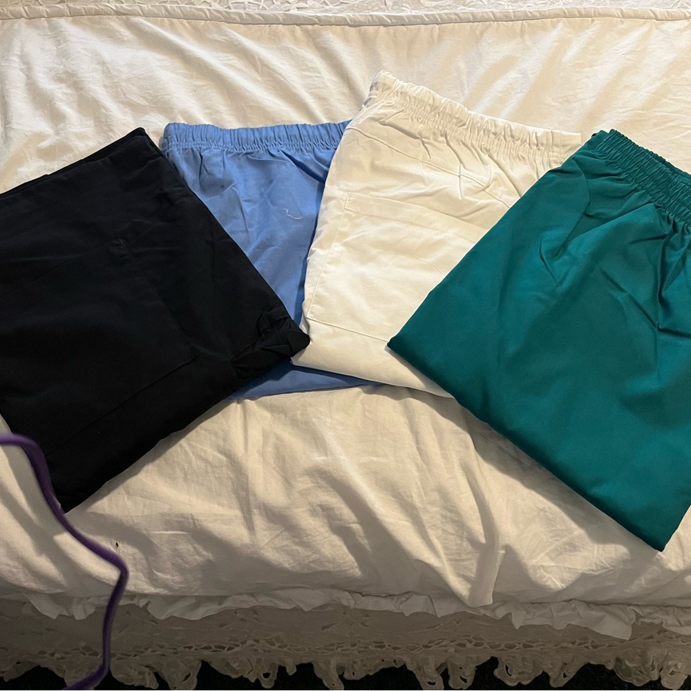 Set of Four Elastic-Waist Scrub Pants in Black, Light Blue, White & Teal